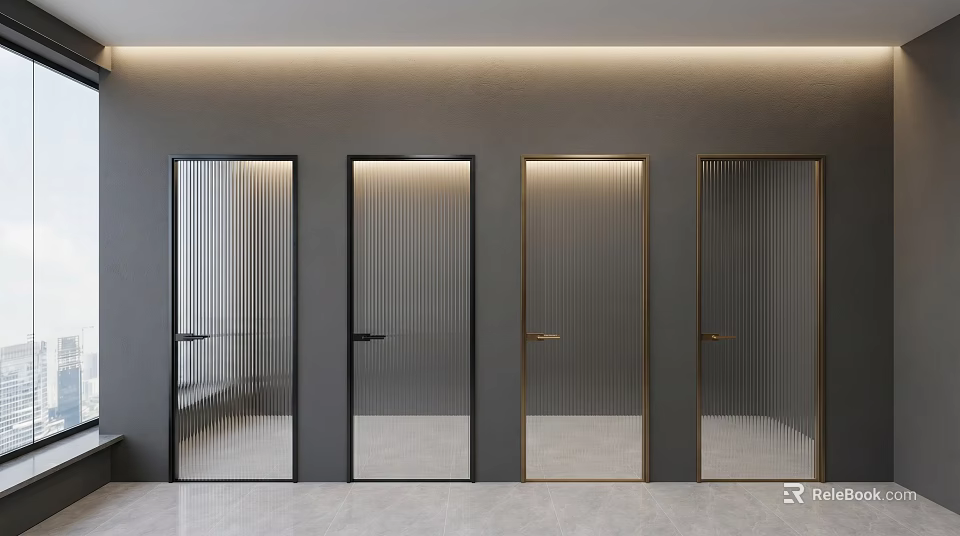 Modern Ribbed Glass Swing Doors With Black Gold Frames And Minimalist Design 3d model 