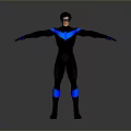 Superhero Character In Black And Blue Costume With Arms Outstretched On Gray Background