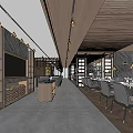 Elegant Restaurant Interior With Wooden Ceiling Stone Walls Bookshelves And Bar Counter