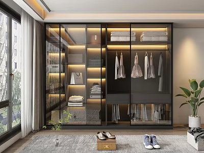 Modern Wardrobe Interior Design With Glass Doors Built-in Lighting Hanging And Folded Clothes Storage 3d model