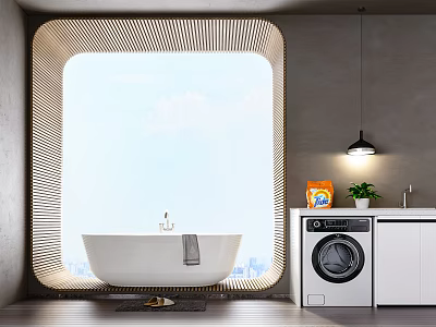 Modern Bathroom White Bathtub Featuring Large Window Sky View Washing Machine and Potted Plant 3d model