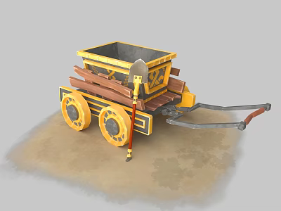 Yellow And Brown Handcart With Wooden Logs Shovel And Decorative Wheels 3d model
