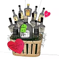 Elegant Wine Bottles and Glasses in Decorative Basket with Heart Tags Happy Anniversary