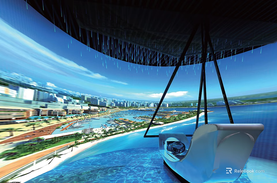 Modern Waterfront Lounge With Panoramic City View Infinity Pool White Sofa And Rain Curtain 3d model 