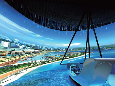Modern Waterfront Lounge With Panoramic City View Infinity Pool White Sofa And Rain Curtain 3d model