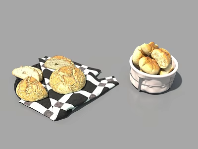 Freshly Baked Various Bread Types On Black And White Checkered Cloth And White Basket 3d model