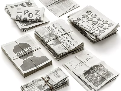 Various Bundled Newspapers Stacked With Different Headlines And 3d model