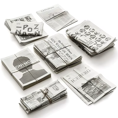 Various Bundled Newspapers Stacked With Different Headlines And 3d model