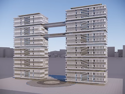 Modern Twin Office Towers With Connected Sky Bridge And Glass Facade Design 3d model