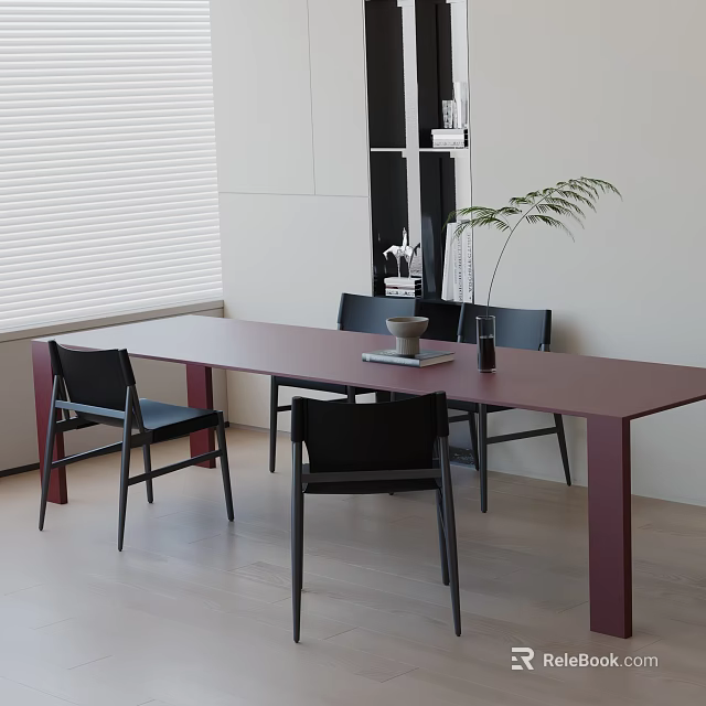 Modern Dining Table Set With Red Table Black Chairs White Blinds And Green Plant 3d model 