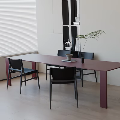 Modern Dining Table Set With Red Table Black Chairs White Blinds And Green Plant 3d model