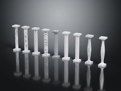 White And Gray Columns With Various Textures Arranged In A Row On Black Reflective Background 3d model