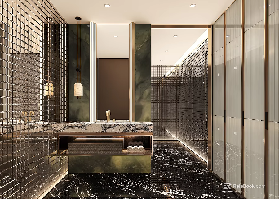 Luxury Modern Bathroom Interior Design With Marble Surfaces Glass Partitions And Gold Accents 3d model 