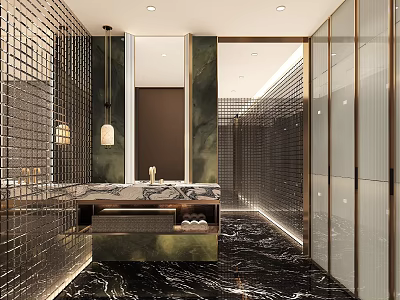 Luxury Modern Bathroom Interior Design With Marble Surfaces Glass Partitions And Gold Accents 3d model