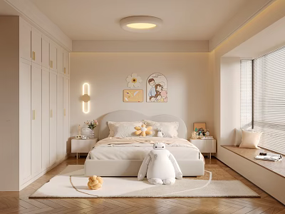 Cozy Kids Room Interior With White Bed Stuffed Toys Decorative Art And Blinds 3d model