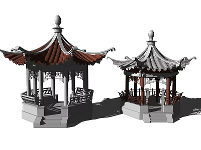 Traditional Chinese Pavilions With Classic Roof Design And Ornate Eaves Structures 3d model