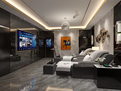 Modern SPA Sauna Interior Design With Comfortable Sofas Marble Walls TV Screen And Artwork 3d model
