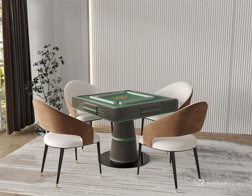Modern Entertainment Table Interior With Green Surface Four Brown White Chairs And Black Legs 3d model 