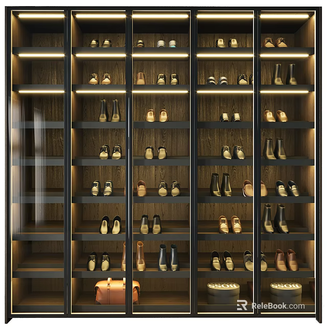 Modern Wooden Shoe Cabinet With Multiple Shelves Organized Shoes And LED Lighting 3d model 