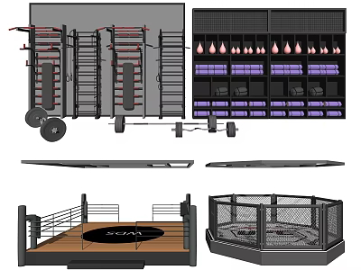 Combat Sports Fitness Training Space With Boxing Ring Octagon Cage Training Racks And Barbells 3d model