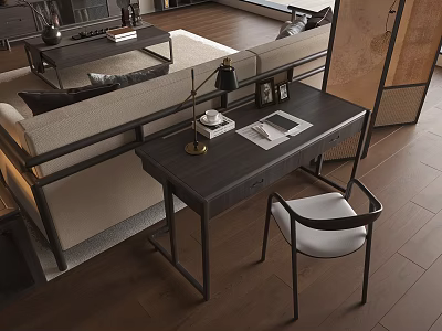 Modern Dark Wood Desk In Living Space With White Chair Table Lamp And Notebook 3d model