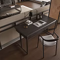 Modern Dark Wood Desk In Living Space With White Chair Table Lamp And Notebook