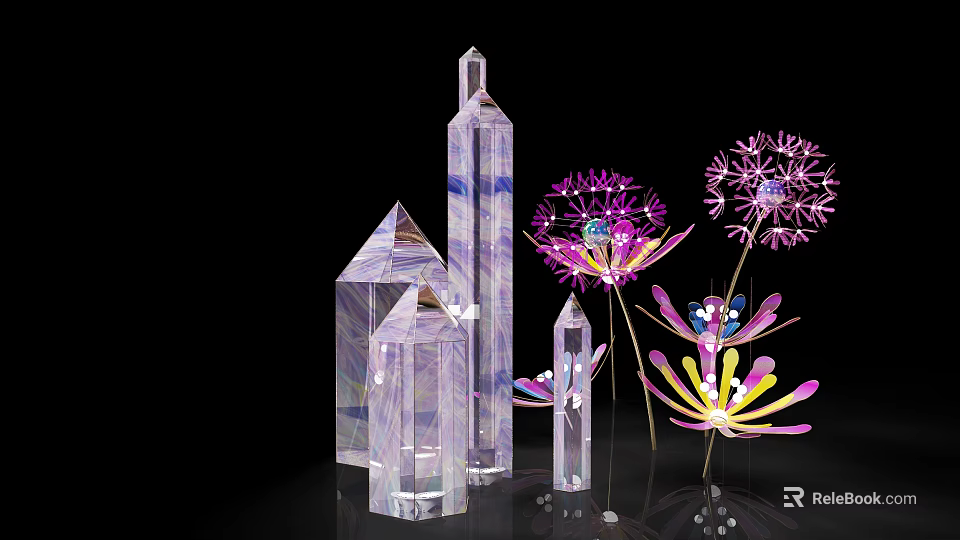 Stylish Decorative Transparent Crystal Geometric Shapes With Purple Dandelion Ornaments 3d model 