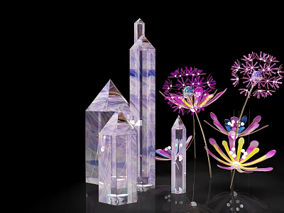 Stylish Decorative Transparent Crystal Geometric Shapes With Purple Dandelion Ornaments 3d model