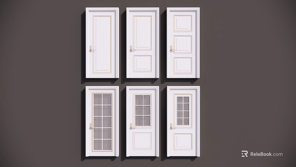 White Swing Doors With Various Designs Including Glass Panels And Solid Panels 3d model 