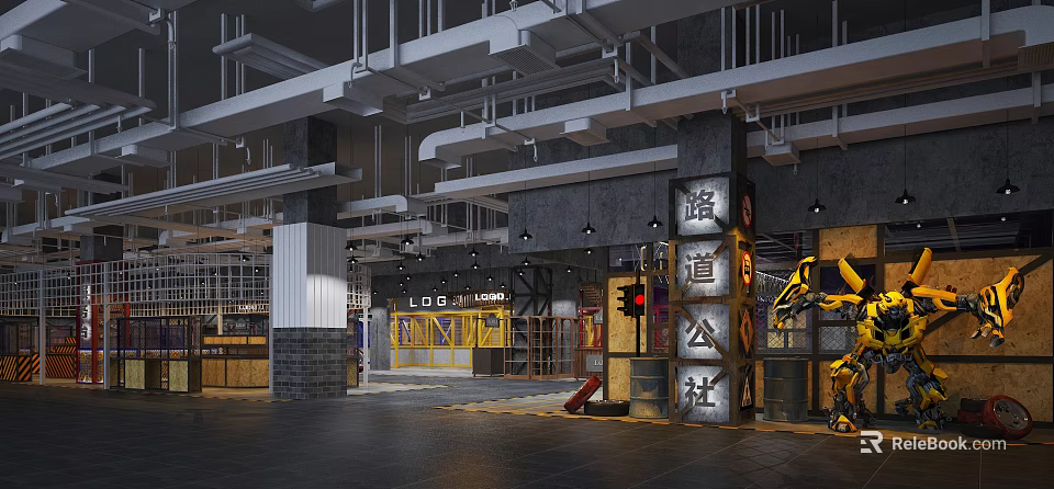 Industrial Style Shopping Mall Lobby With Exposed Pipes Metal Structures And Loft Signage 3d model 