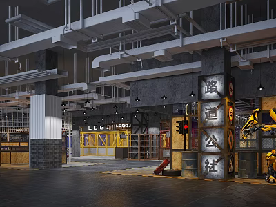 Industrial Style Shopping Mall Lobby With Exposed Pipes Metal Structures And Loft Signage 3d model