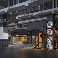 Industrial Style Shopping Mall Lobby With Exposed Pipes Metal Structures And Loft Signage