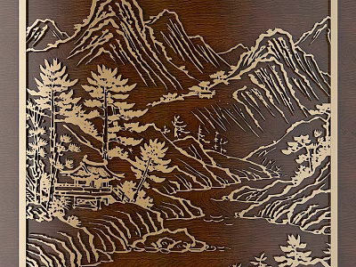 Detailed Wooden Carving Artwork With Mountain Landscape Pine Trees And Pavilion 3d model