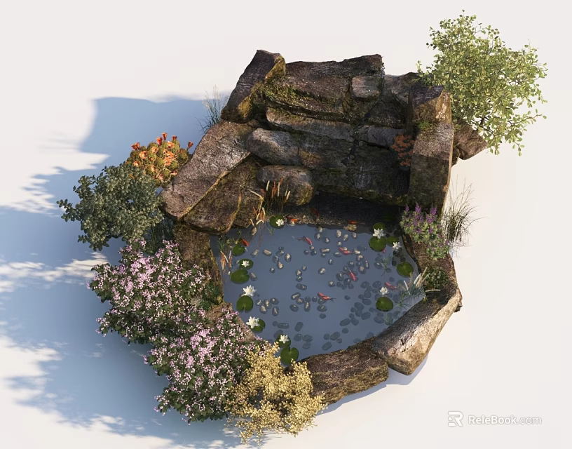 Tranquil Garden Landscape with Stone Pond Water Lilies Fish and Surrounding Plants 3d model 