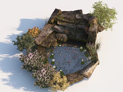 Tranquil Garden Landscape with Stone Pond Water Lilies Fish and Surrounding Plants 3d model