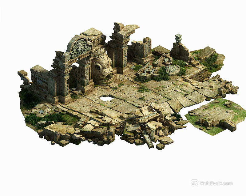 Ancient Architectural Components Featuring Weathered Stone Columns And Carved Reliefs 3d model
