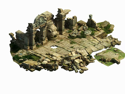 Ancient Architectural Components Featuring Weathered Stone Columns And Carved Reliefs 3d model