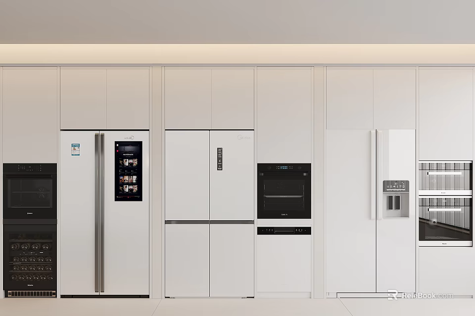 Modern Open Concept Kitchen Interior With White Cabinets And Sleek Refrigerators Freezers 3d model