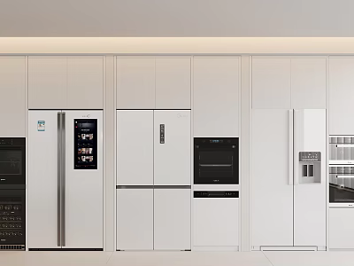 Modern Open Concept Kitchen Interior With White Cabinets And Sleek Refrigerators Freezers 3d model