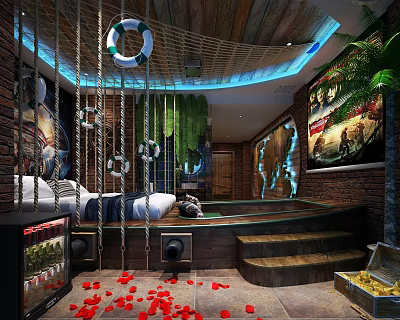 Industrial LOFT Room Theme Hotel Pirate Ship Battery Hemp Rope Chest 3d model