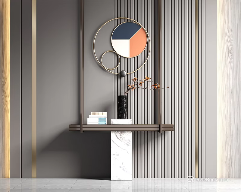 Elegant Console Table With Marble Top Vertical Slat Wall And Metallic Mirror Decor 3d model