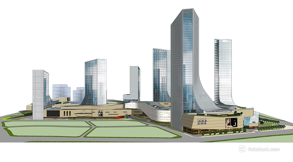 Modern Urban Office Buildings With Glass Curtain Walls And Green Spaces 3d model 