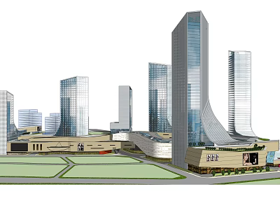 Modern Urban Office Buildings With Glass Curtain Walls And Green Spaces 3d model