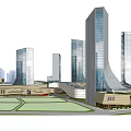 Modern Urban Office Buildings With Glass Curtain Walls And Green Spaces
