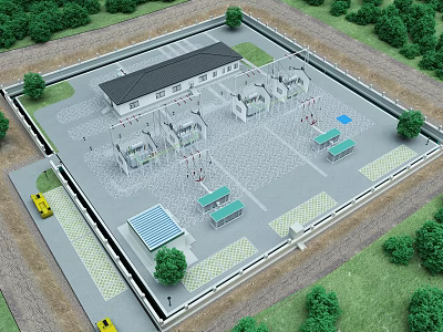 Aerial View of Industrial Factory Building With Surrounding Trees Parking Area And Vehicles 3d model