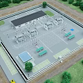 Aerial View of Industrial Factory Building With Surrounding Trees Parking Area And Vehicles