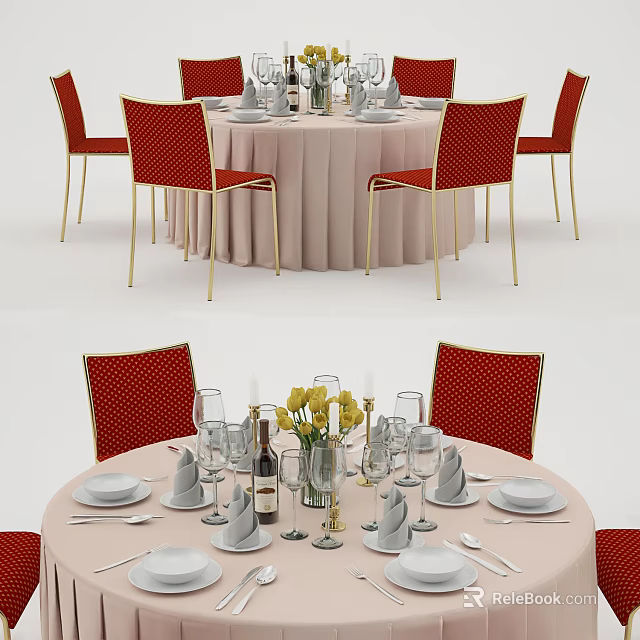 Round Dining Table Set With Red Chairs Gold Legs Tableware And Flower Vase 3d model