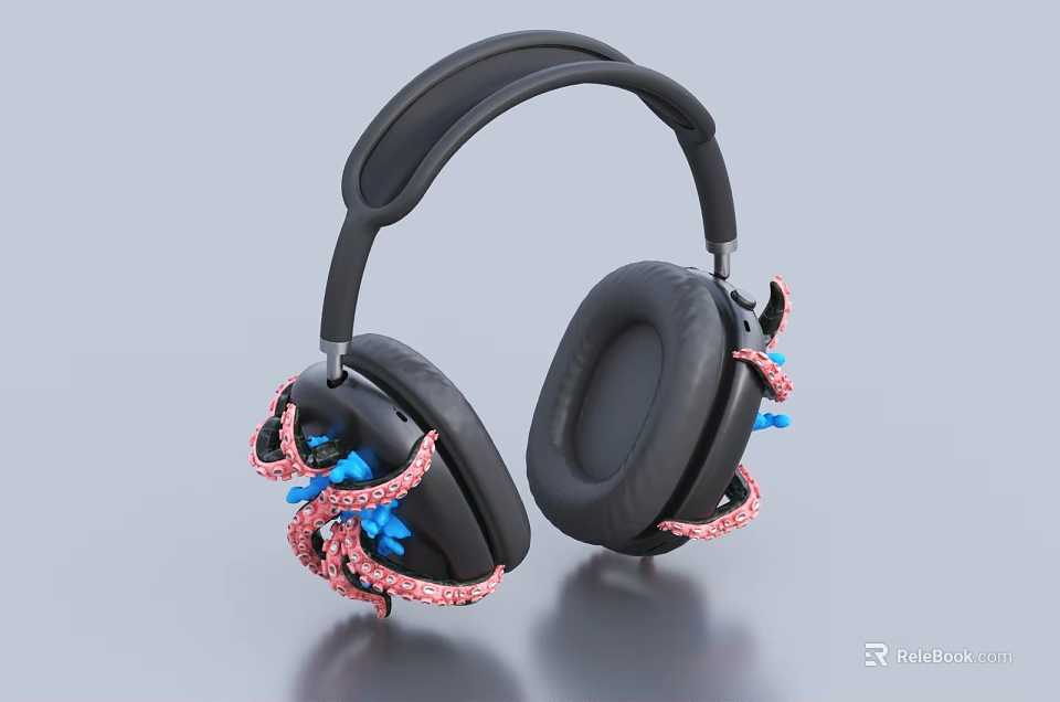 Over Ear Headphones With Pink Octopus Tentacle Decor And Blue Lighting Effects 3d model 
