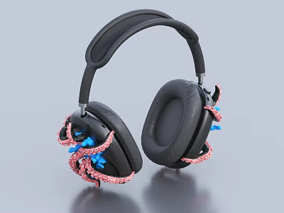 Over Ear Headphones With Pink Octopus Tentacle Decor And Blue Lighting Effects 3d model