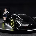 Black Futuristic Sports Car Showcased On Display Platform With Sleek Design And Model
